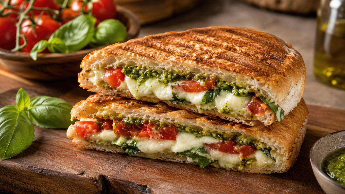 A grilled caprese panini with mozzarella, tomato and basil